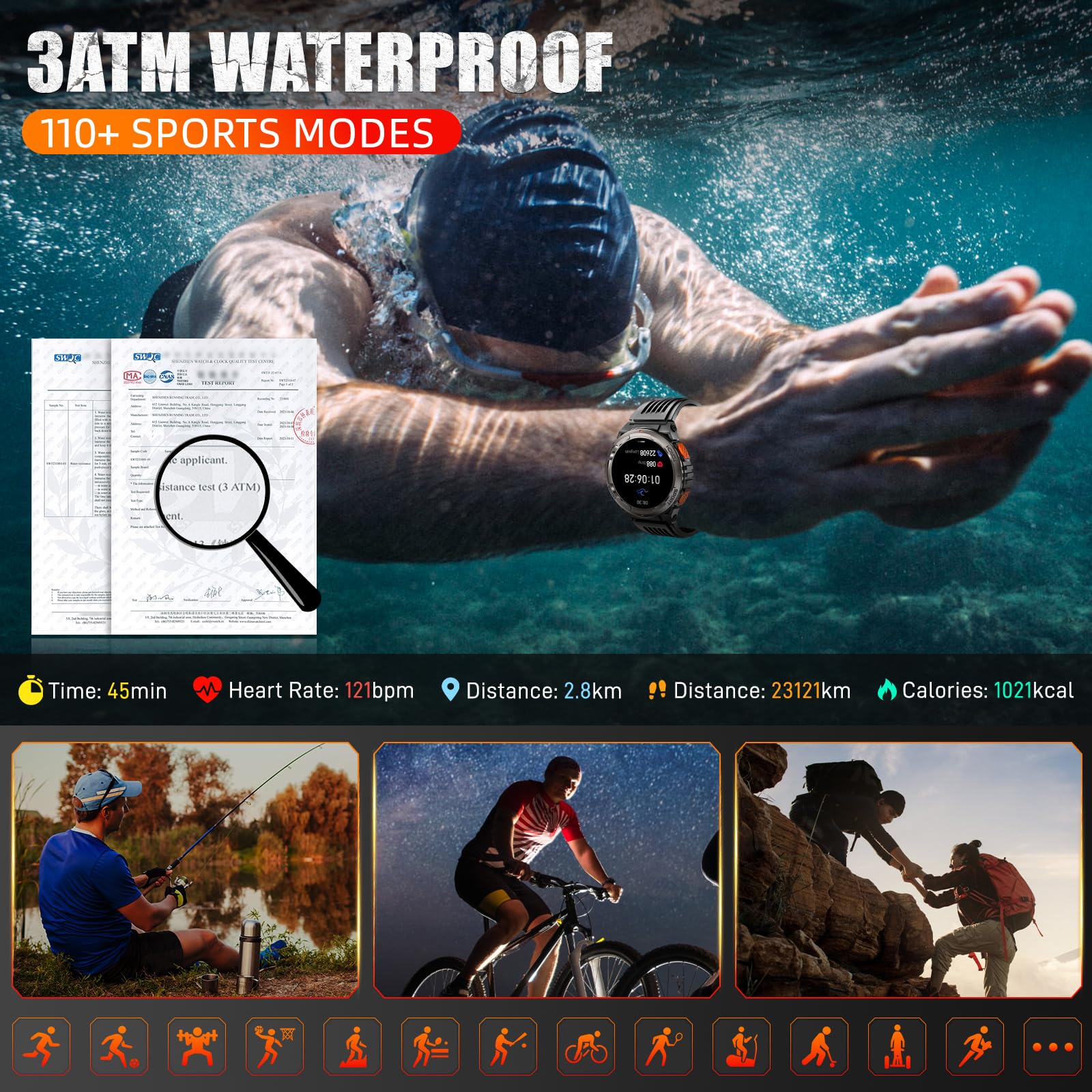 Ke5 Military Smart Watch For Men With Flashlight Sos 3Atm Waterproof Watch 530Mah Big Battery 1.45 '' Rugged Tactical Smartwatch